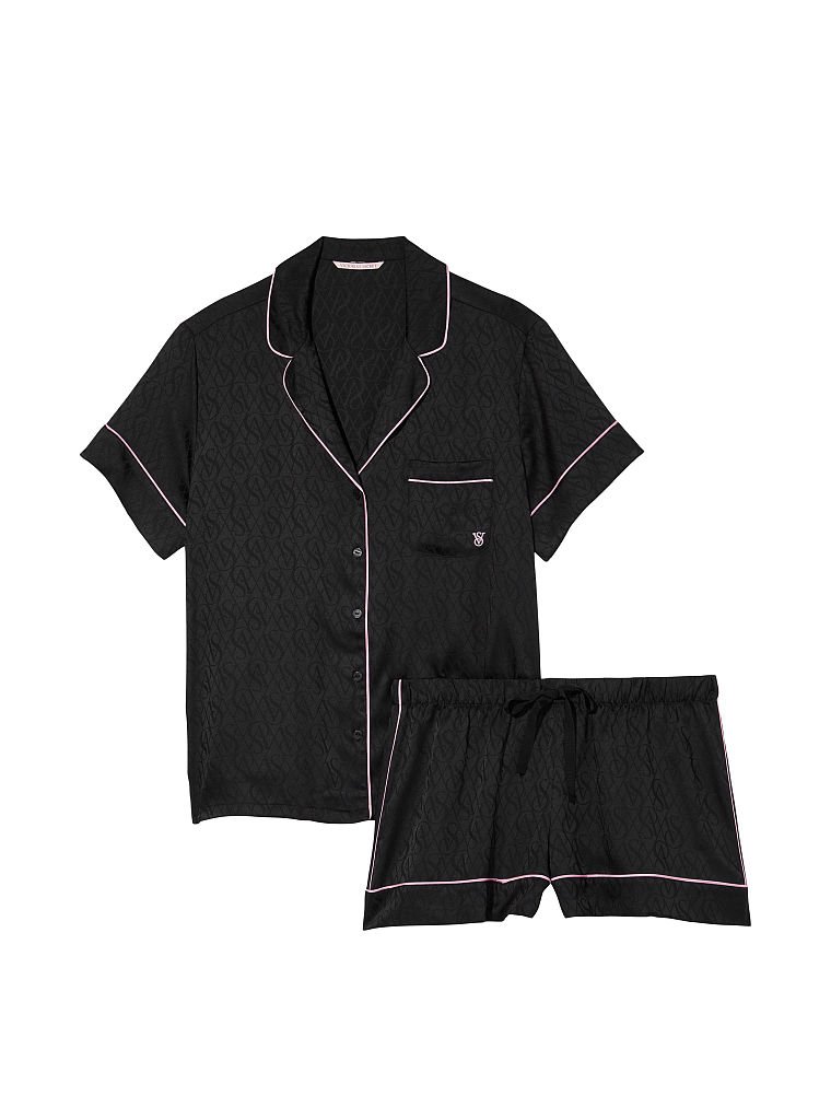 Satin Short Pajama Set Black Logo Jacquard 006665 VS Angel Beauty