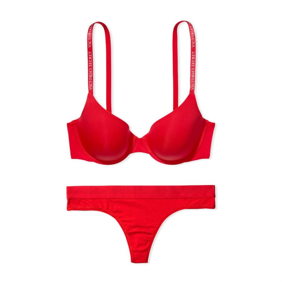 Комплект Lightly-Lined Demi Bra & Thong Panty Lipstick Victoria's Secret