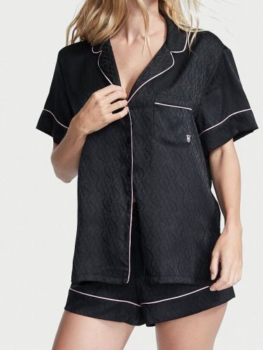 Піжама сатинова Satin Short Pajama Set Black Logo Jacquard
