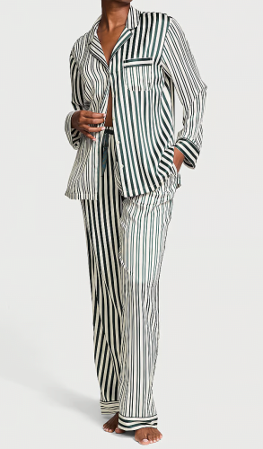 Піжама сатинова Satin Long Pajama Set Green Icon Stripe