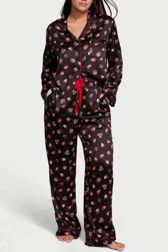 Піжама сатинова Satin Long Pajama Set Black Chocolate Strawberries