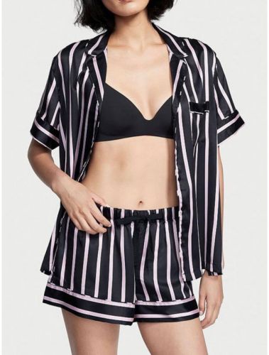 Піжама сатинова Satin Short Pajama Set Black Stripe Victoria's Secret