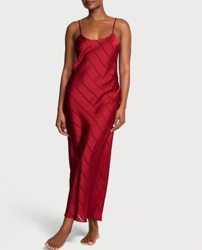 Нічна сорочка Satin Sheer Stripe Long Slip Dress Red Lacquer