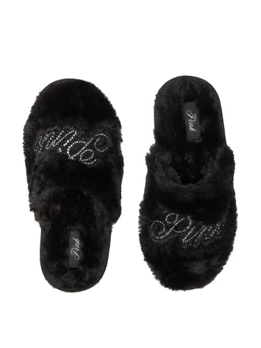 Домашні тапочки Faux-Fur Closed-Toe Slippers Black Bling Logo