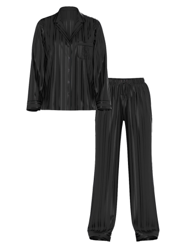 Піжама сатинова Glazed Satin Long Pajama Set Black Stripe Jacquard