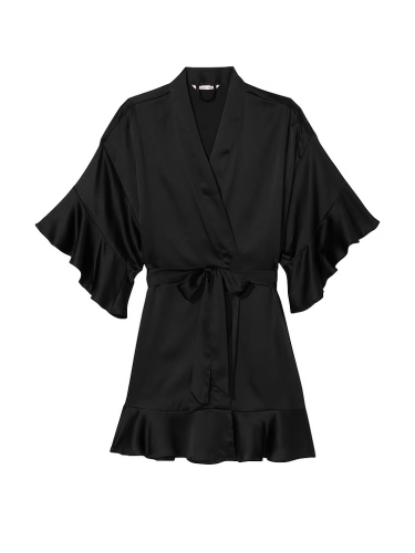 Сатиновий халат Satin Flounce Robe Black від Victoria's Secret