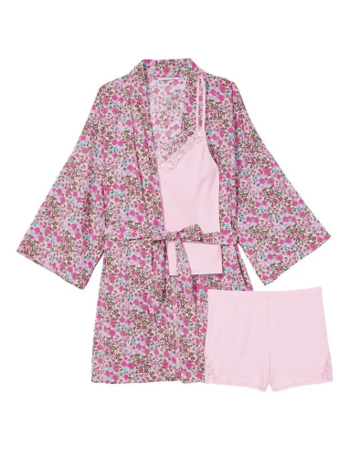 Комплект для сну Lightweight Cotton Three-Piece Robe Babydoll Pink Retro Floral