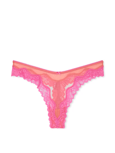 Трусики Tease Mesh Lace-Trim High-Leg Thong Panty Coral New Peony