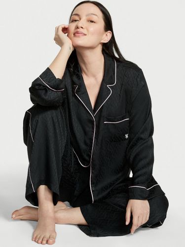 Піжама сатинова Satin Long Pajama Set Black Logo Jacquard
