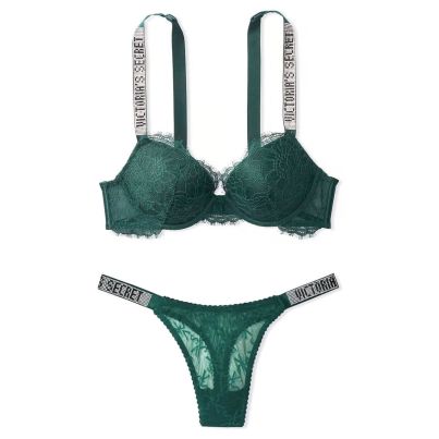 Комплект Shine Strap Push-Up Bra & Shine Brazilian Panty Panty Green Victoria's Secret