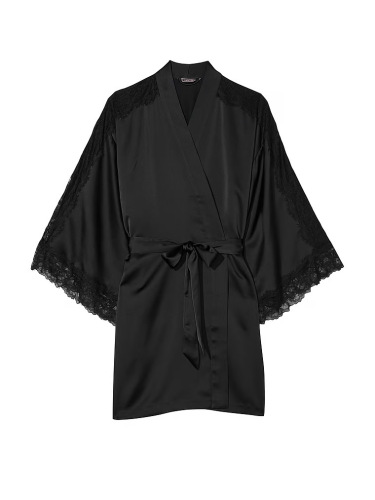 Сатиновий халат Luxe Satin Lace Inset Robe Black від Victoria's Secret