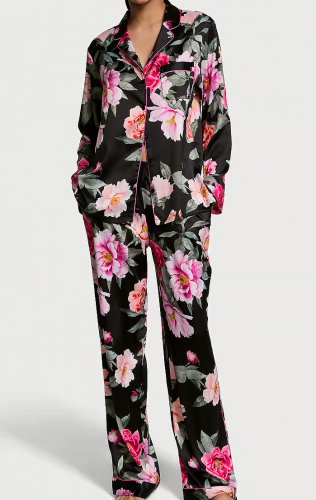 Піжама сатинова Satin Long Pajama Set Black Floral Bouquet
