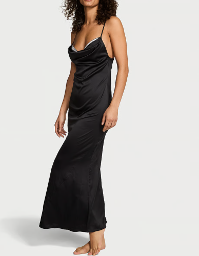 Сатинова сукня Satin Sparkle Draped Maxi Slip Black