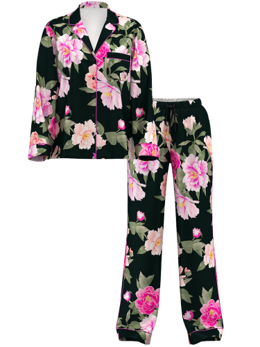 Піжама сатинова Satin Long Pajama Set Black Floral Bouquet