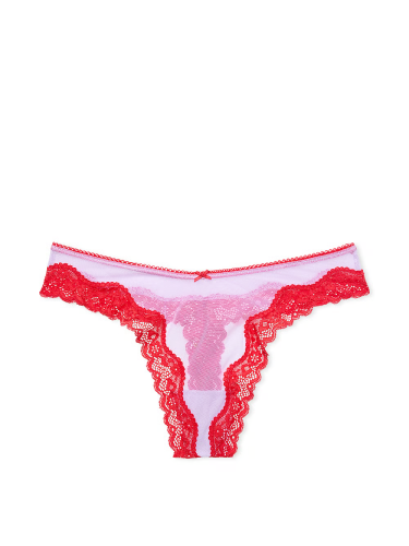 Трусики Tease Mesh Lace-Trim High-Leg Thong Panty Silky Lilacy