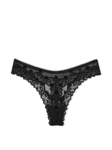 Трусики Tease Mesh Lace-Trim High-Leg Thong Panty Black