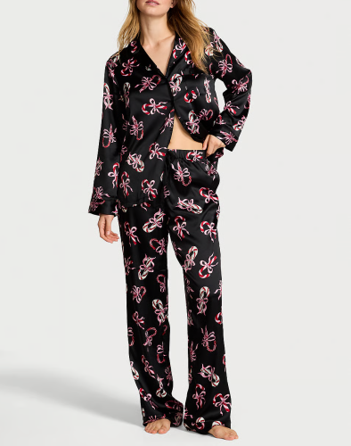 Піжама сатинова Glazed Satin Long Pajama Set Black Print