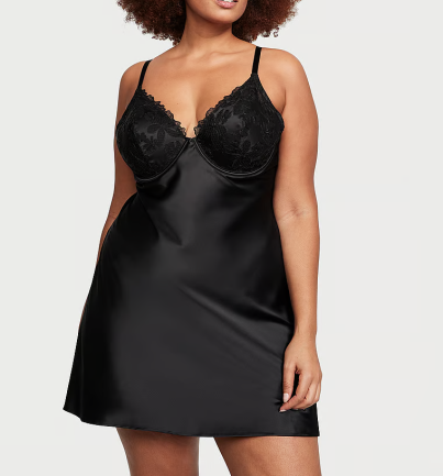 Нічна сорочка Floral Embroidery Satin Slip Black Victoria's Secret