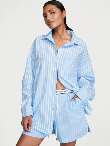 Піжама Cotton Long-Sleeve Shirt & Shorts Set Blue Stripes від Victoria's Secret