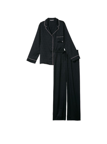 Піжама сатинова Satin Long Pajama Set Black Logo Jacquard