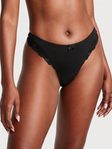 Трусики Cotton Lace-Waist High-Leg Scoop Thong Panty Black