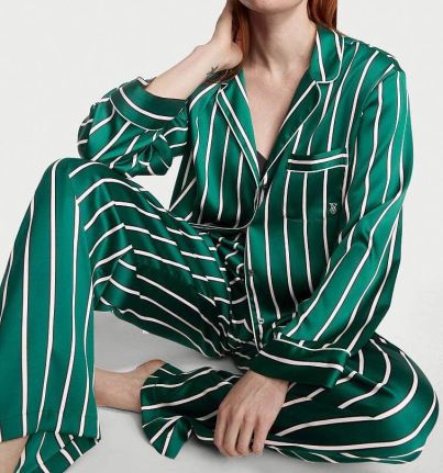 Піжама сатинова Satin Long Pajama Set Green Stripe